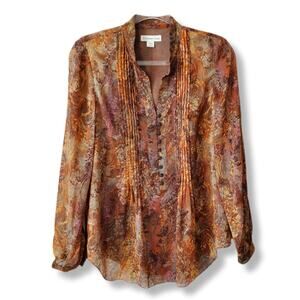 Women Coldwater Creek Pintuck Sheer Brown Floral Blouse Top S Colorful Artsy